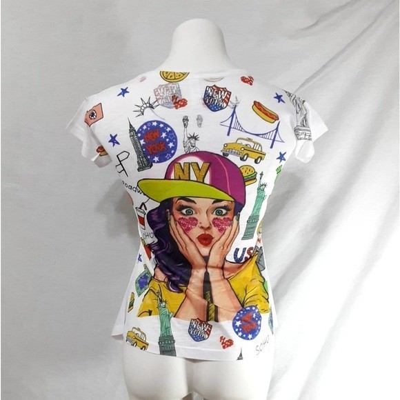 Graphic Rhinestone Blinged Short Sleeve Top Small Asymmetrical Hem Trendy Chic - Picture 5 of 7